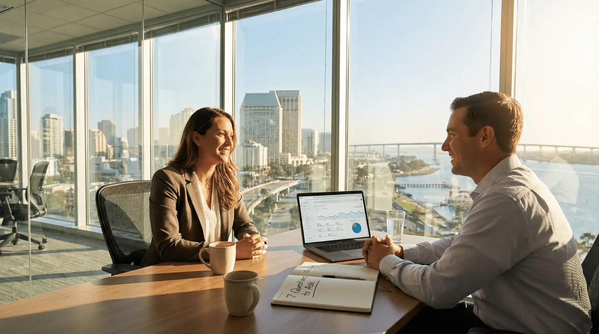 Two people talking at an office table with a laptop and a notebook