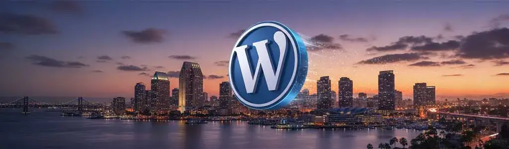 WordPress logo over the San Diego skyline at dusk