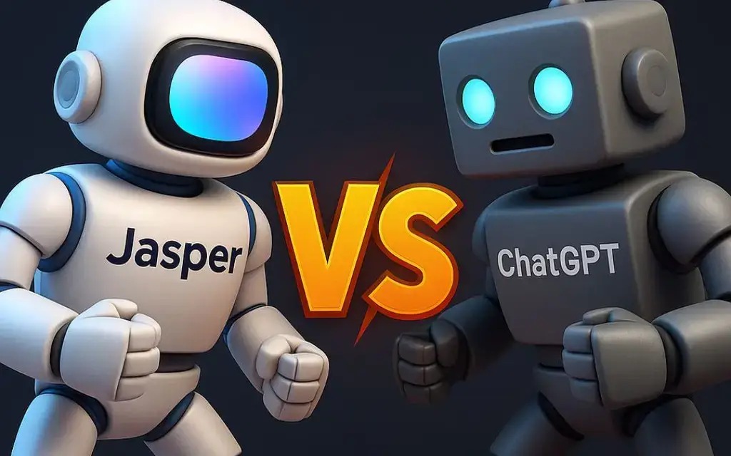 Two cartoon robots labeled Jasper and ChatGPT facing off