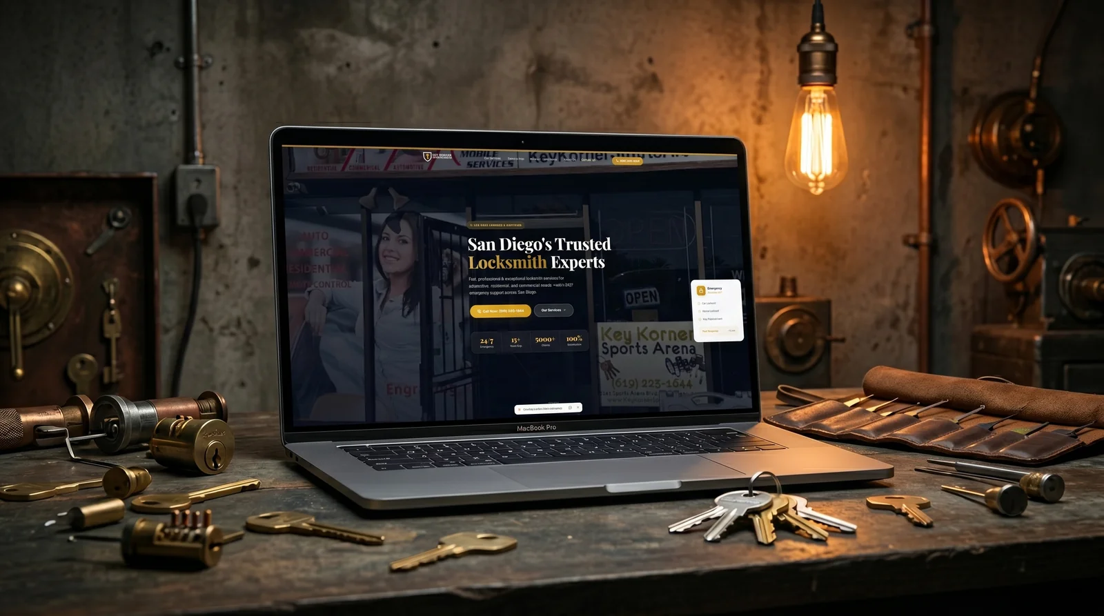 Key Korner locksmith San Diego profile holding a 5.0 rating with weekly review monitoring across 40 plus neighborhoods