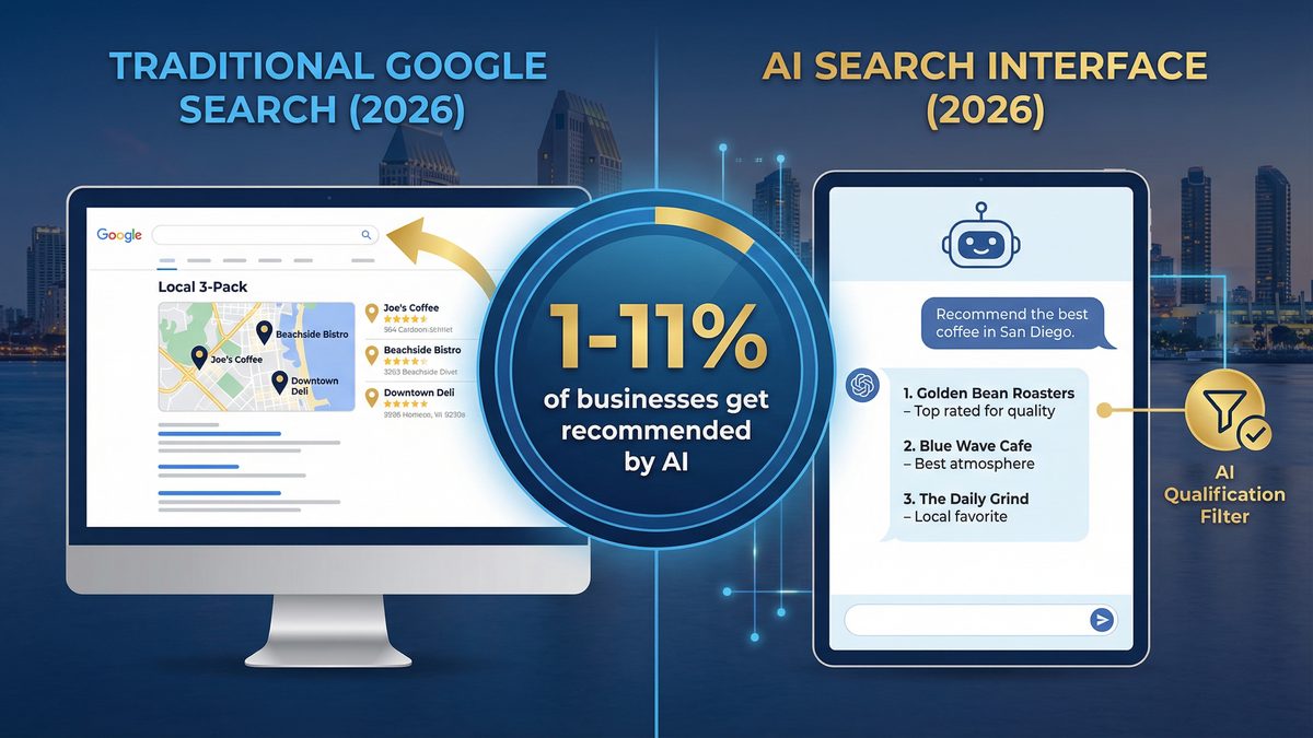Google Business Profile Optimization San Diego: The 2026 Guide to AI Search Visibility 1 Google Business Profile optimization San Diego vs Traditional Search - AI Search Interface 2026
